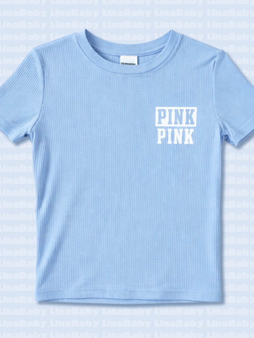 Victoria’s Secret PINK Ribbed Baby Tee Light Blue Logo XS NWT Y2K Mallcore Crop